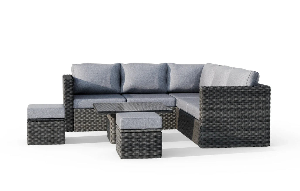 Lima 7 Seater Grey Rattan Garden Corner Sofa Set with Up-Down Table, Stools & Cover