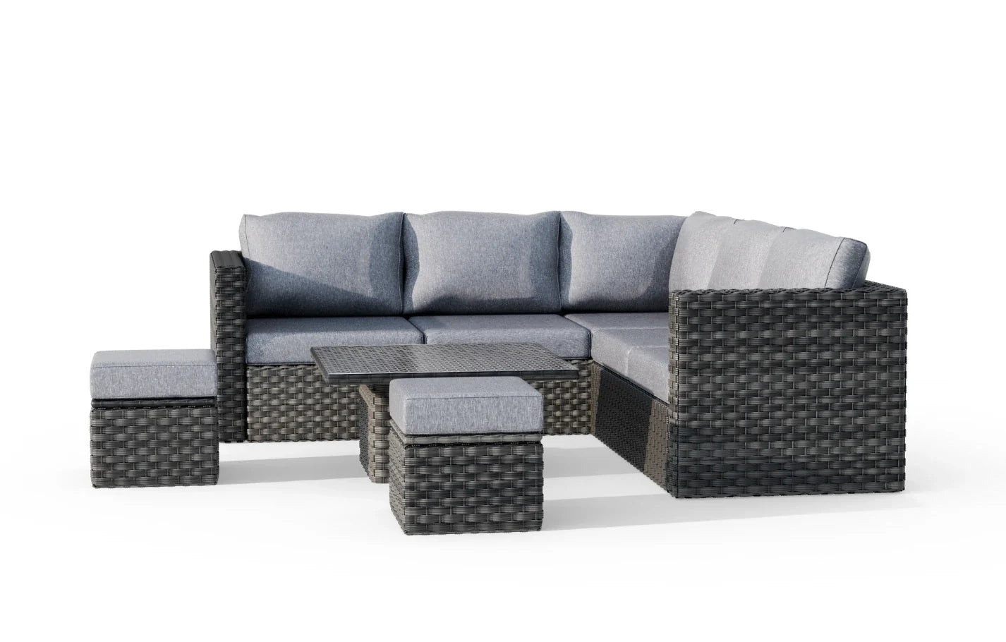 Lima 7 Seater Grey Rattan Garden Corner Sofa Set with Up-Down Table, Stools & Cover