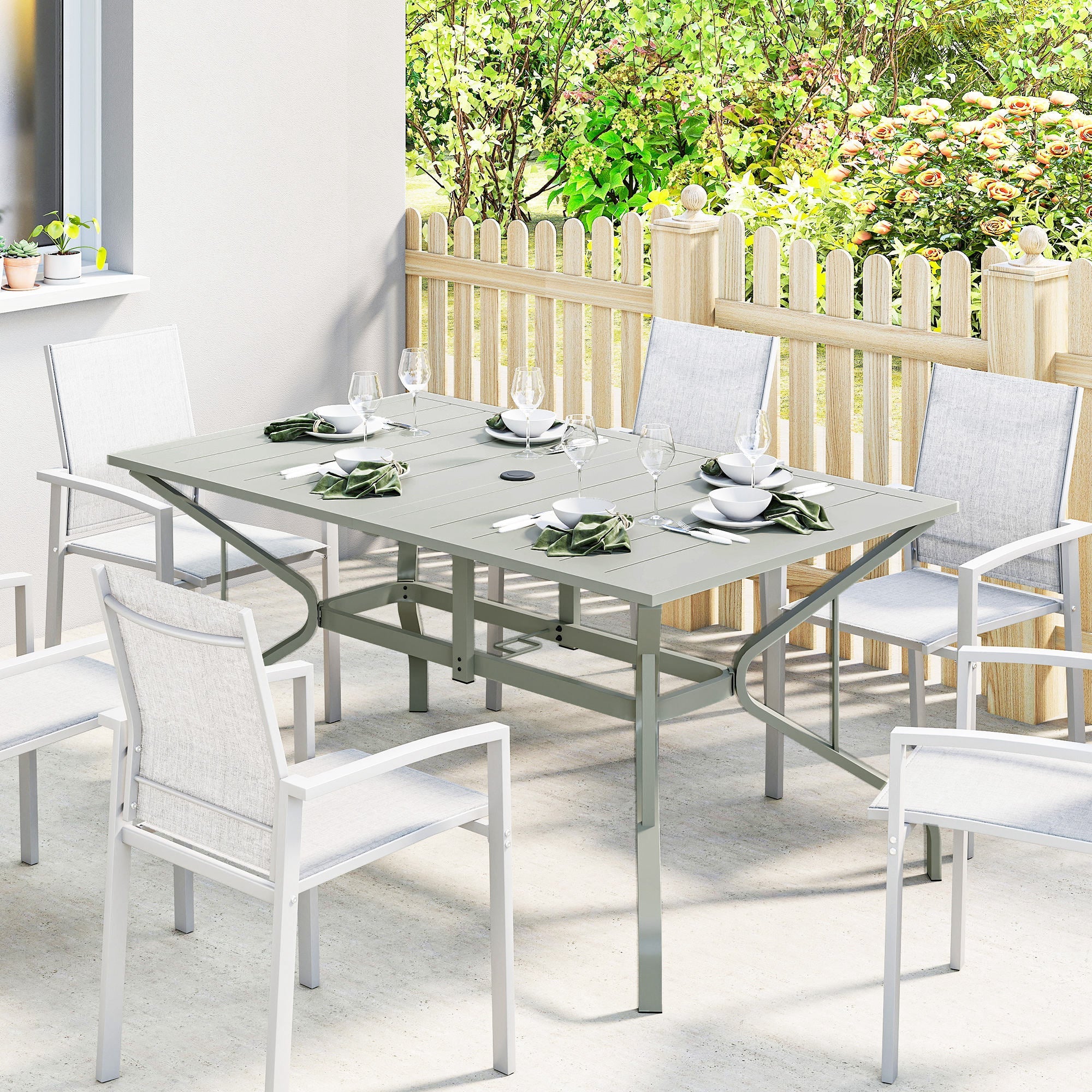 Outsunny Garden Dining Table with Parasol Hole, Outdoor Dining Table for 6, Patio Table for Balcony, 150cm x 90cm, Light Grey