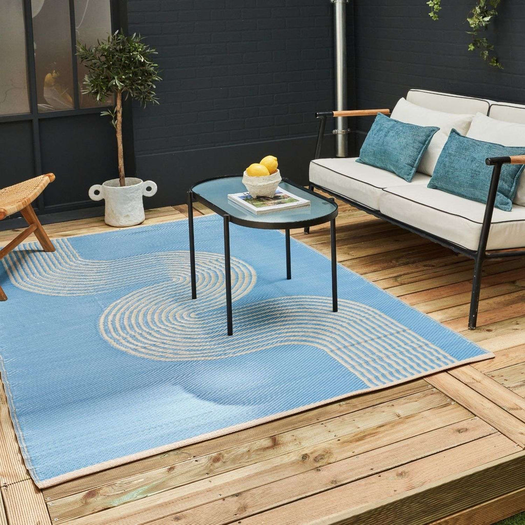 Urban Outdoor Rug | Blue & Beige Geometric Reversible Flatweave | Lightweight