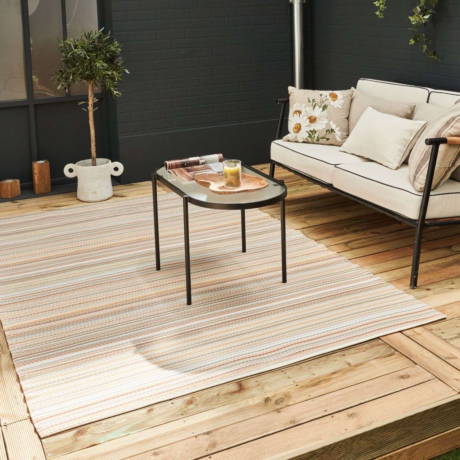 Rainbow Outdoor Rug | Beige Striped Reversible Flatweave | Lightweight