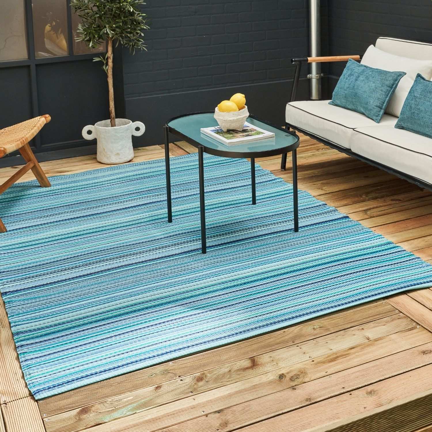 Rainbow Outdoor Rug | Blue Striped Reversible Flatweave | Lightweight