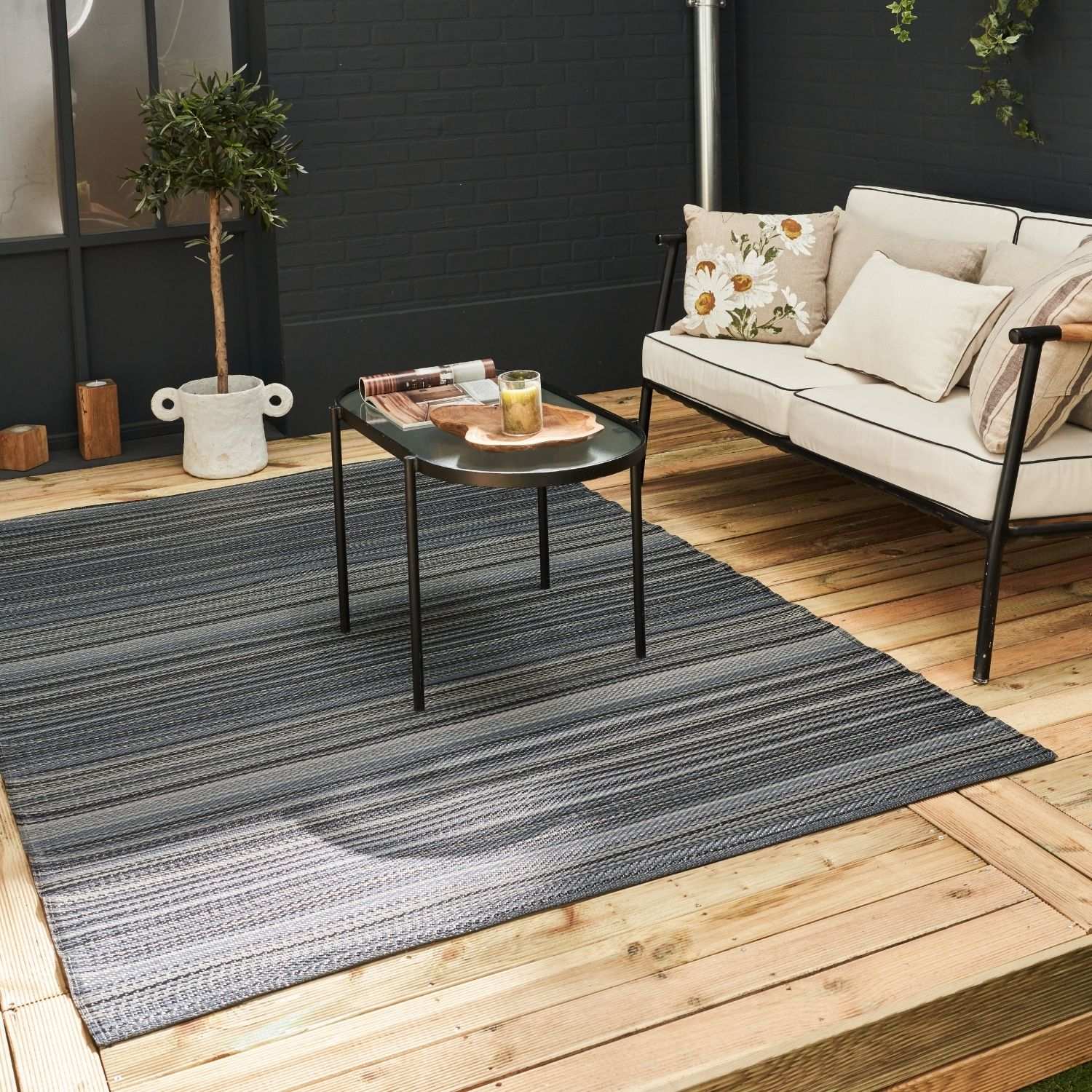 Rainbow Outdoor Rug | Dark Grey Striped Reversible Flatweave | Lightweight