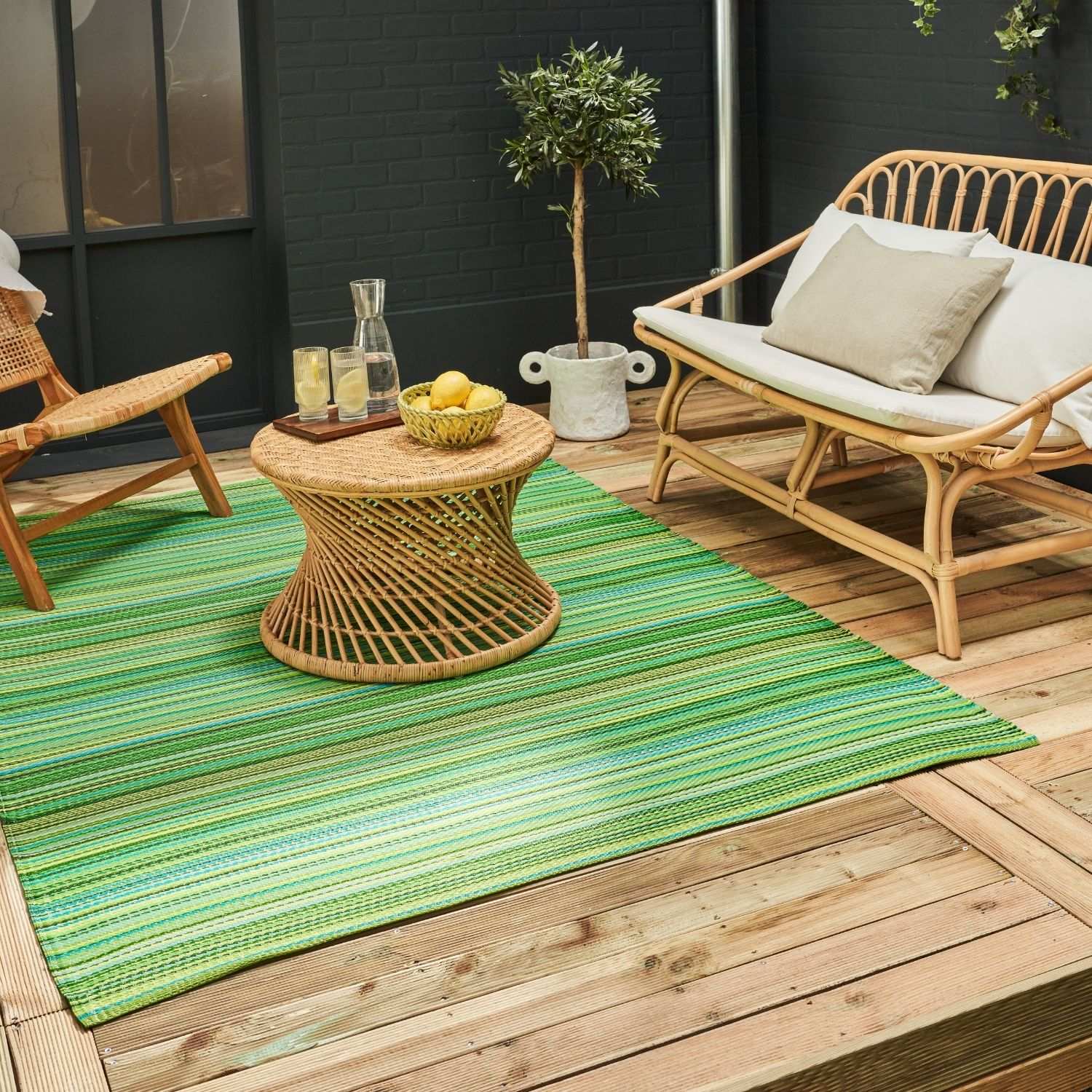 Rainbow Outdoor Rug | Green Striped Reversible Flatweave | Lightweight