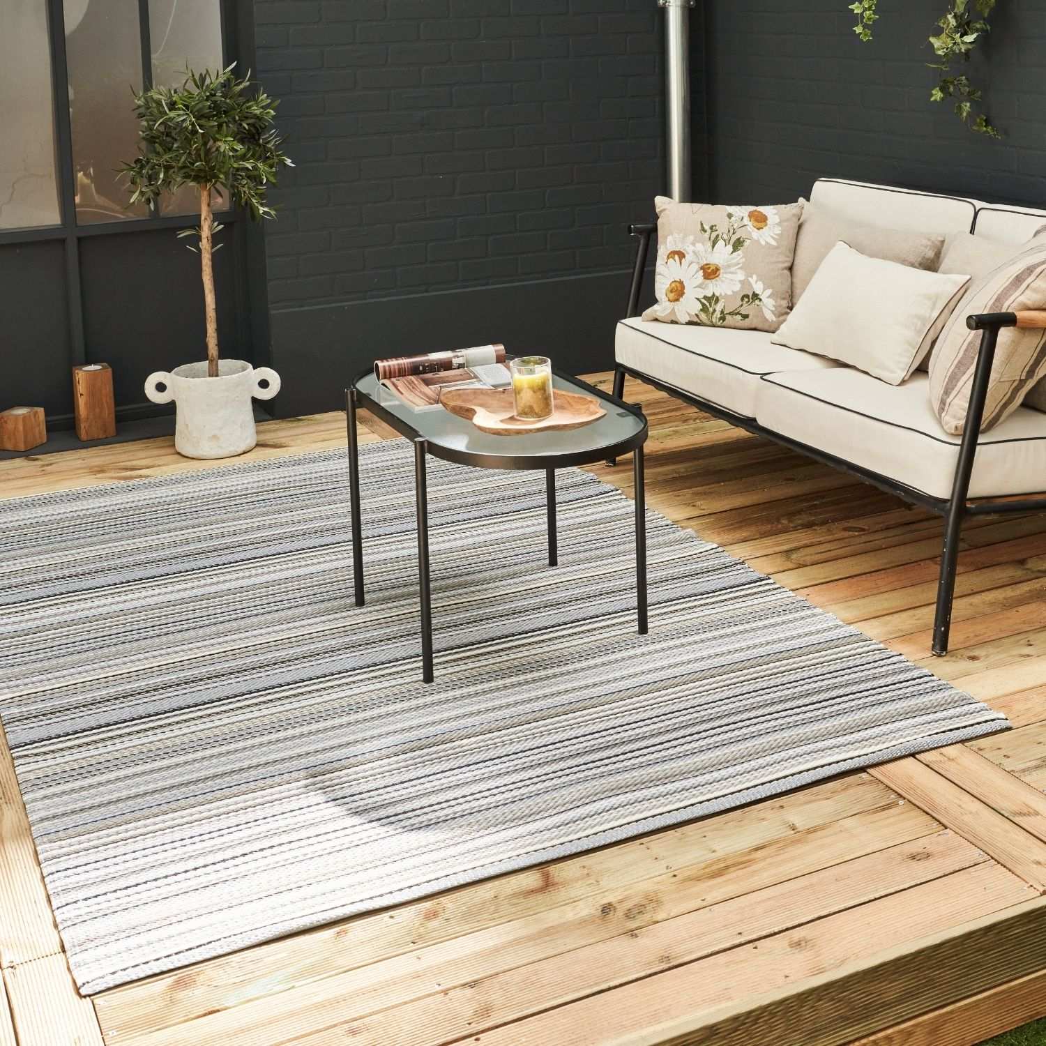 Rainbow Outdoor Rug | Grey Striped Reversible Flatweave | Lightweight