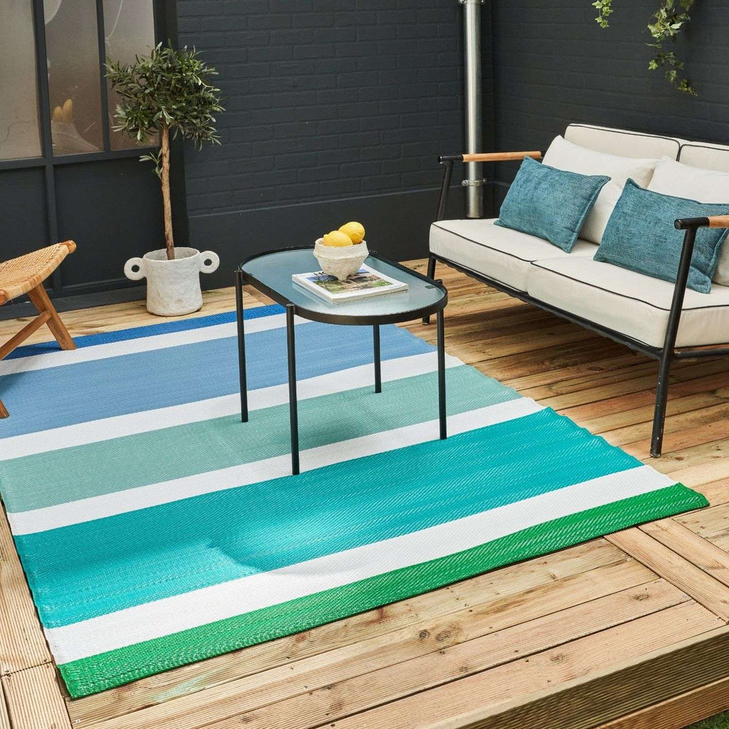 Rainbow Outdoor Rug | Blue Striped Reversible Flatweave | Waterproof