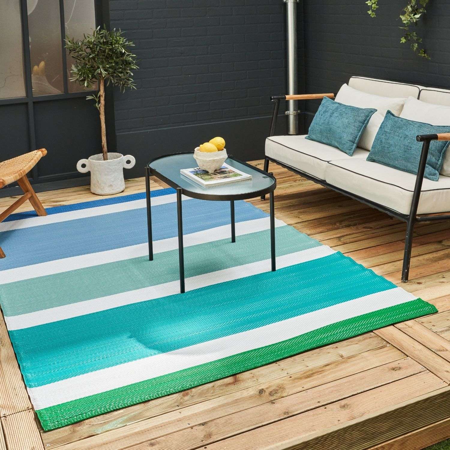Rainbow Outdoor Rug | Blue Striped Reversible Flatweave | Waterproof