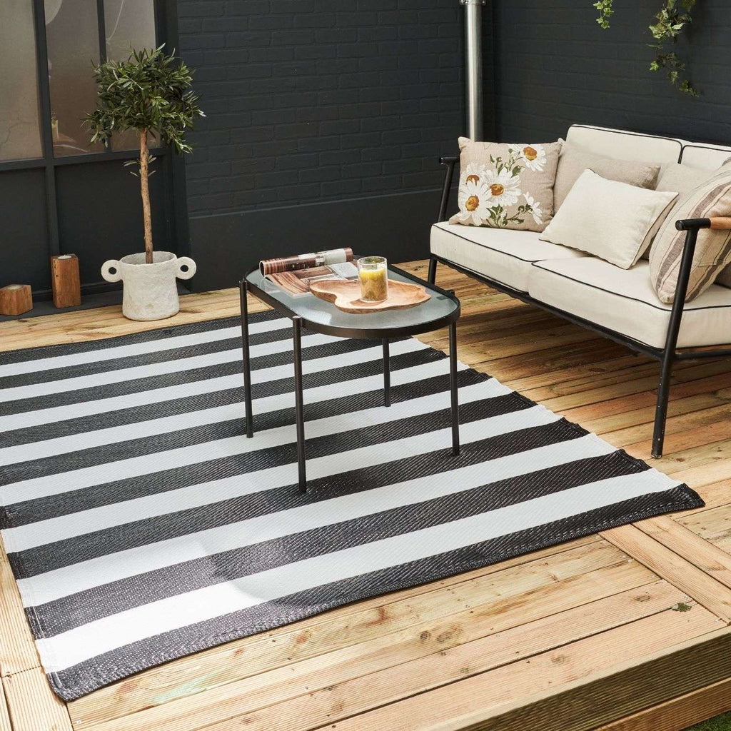 Rainbow Outdoor Rug | Black & White Striped Reversible Flatweave | Lightweight