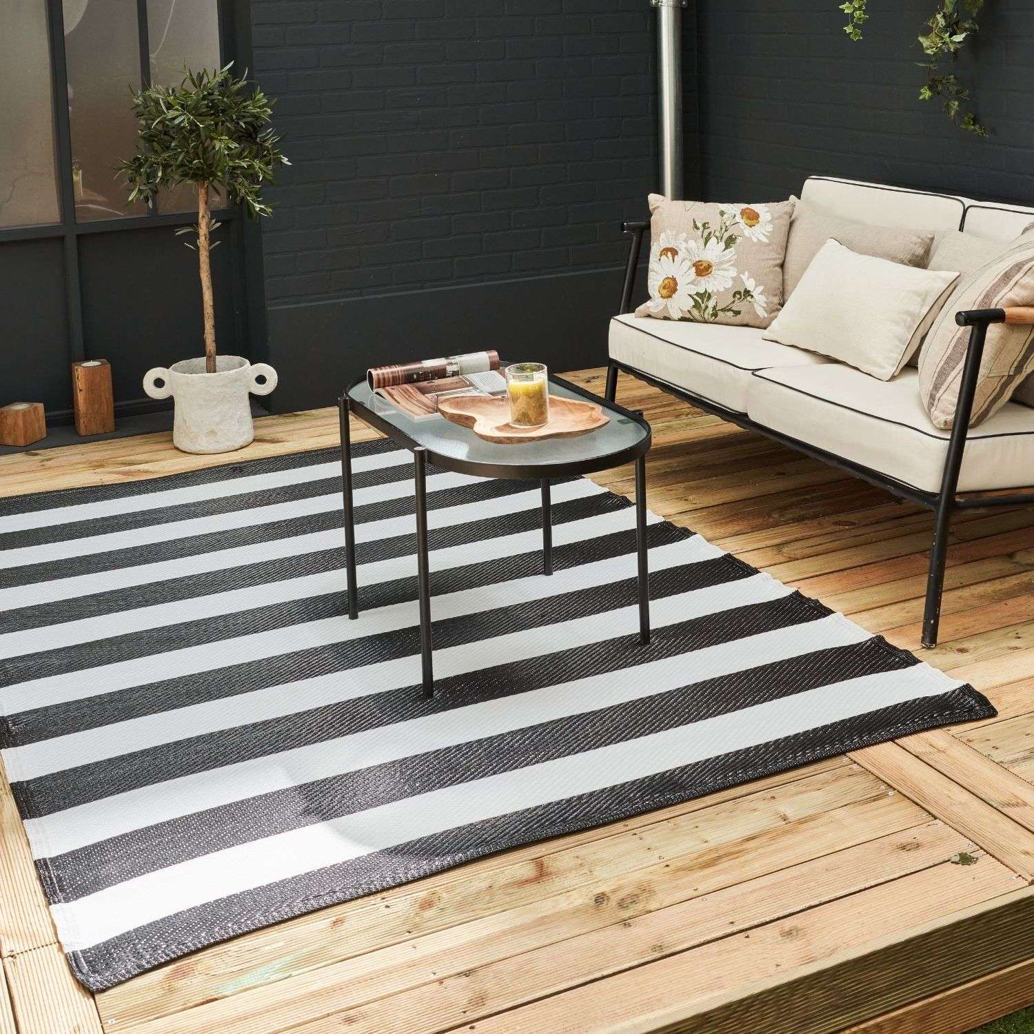 Rainbow Outdoor Rug | Black & White Striped Reversible Flatweave | Lightweight