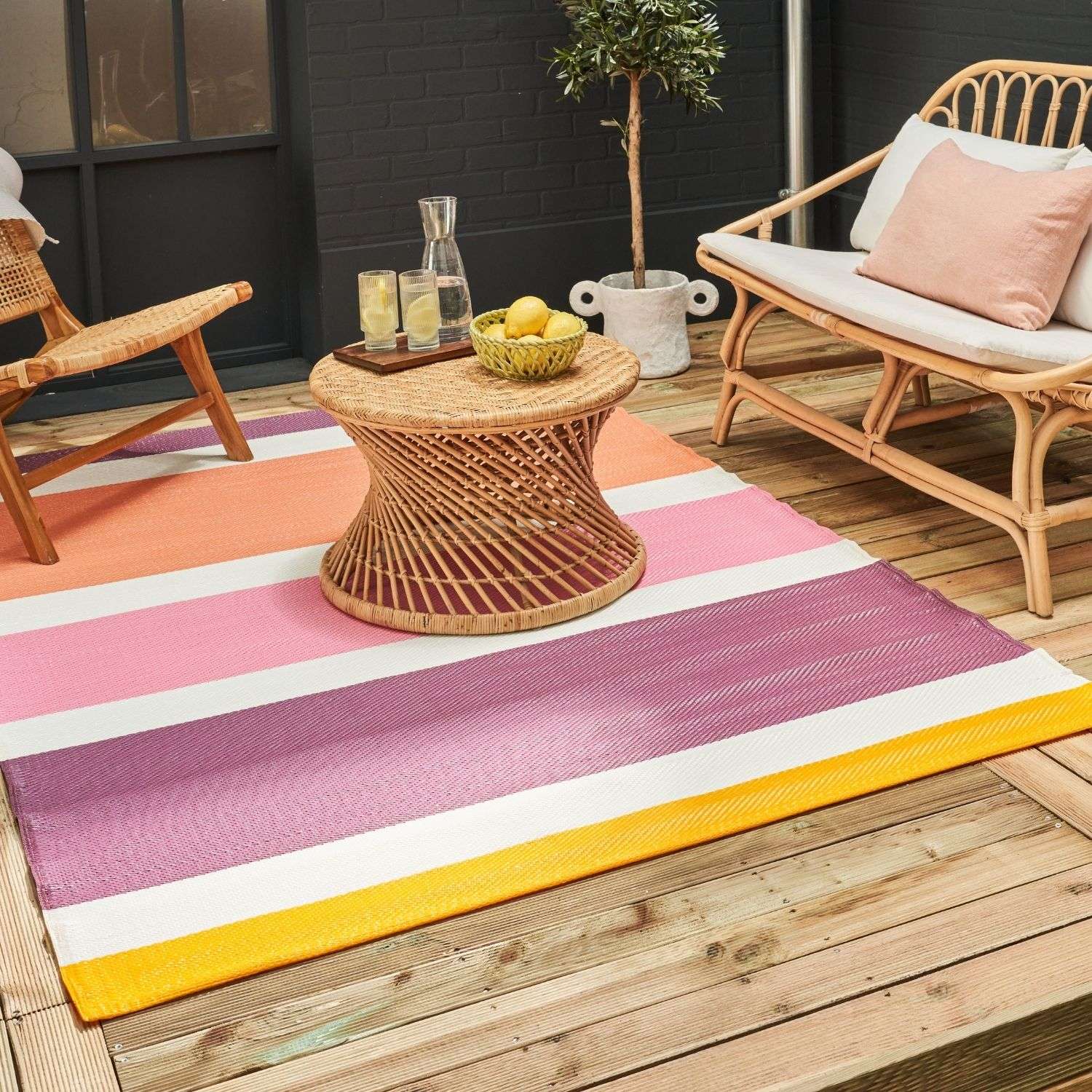 Rainbow Outdoor Rug | Pink Striped Reversible Flatweave | Waterproof