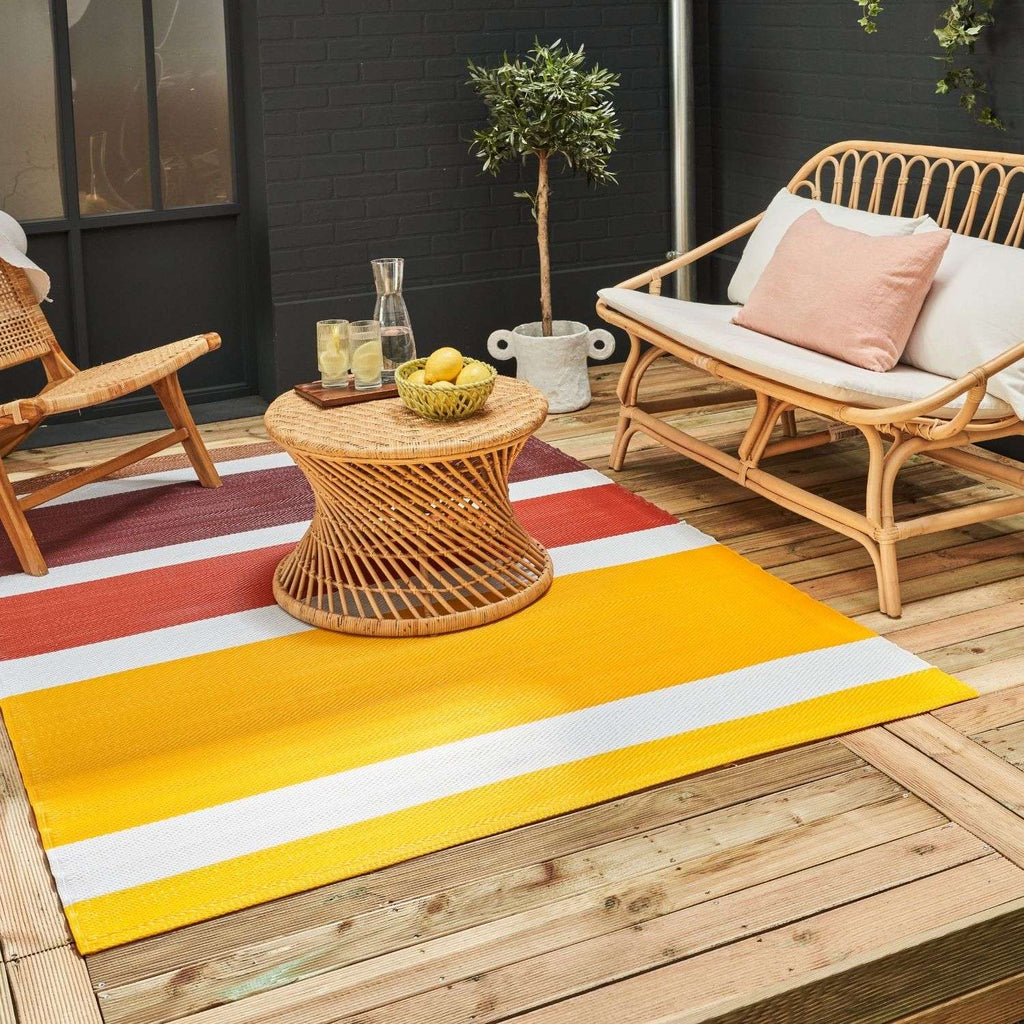 Rainbow Outdoor Rug | Yellow Striped Reversible Flatweave | Lightweight
