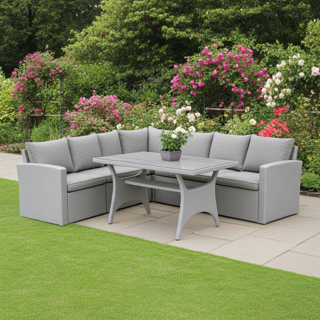 Stockholm 6 Seater Grey Rattan Garden Corner Dining Set in a British garden