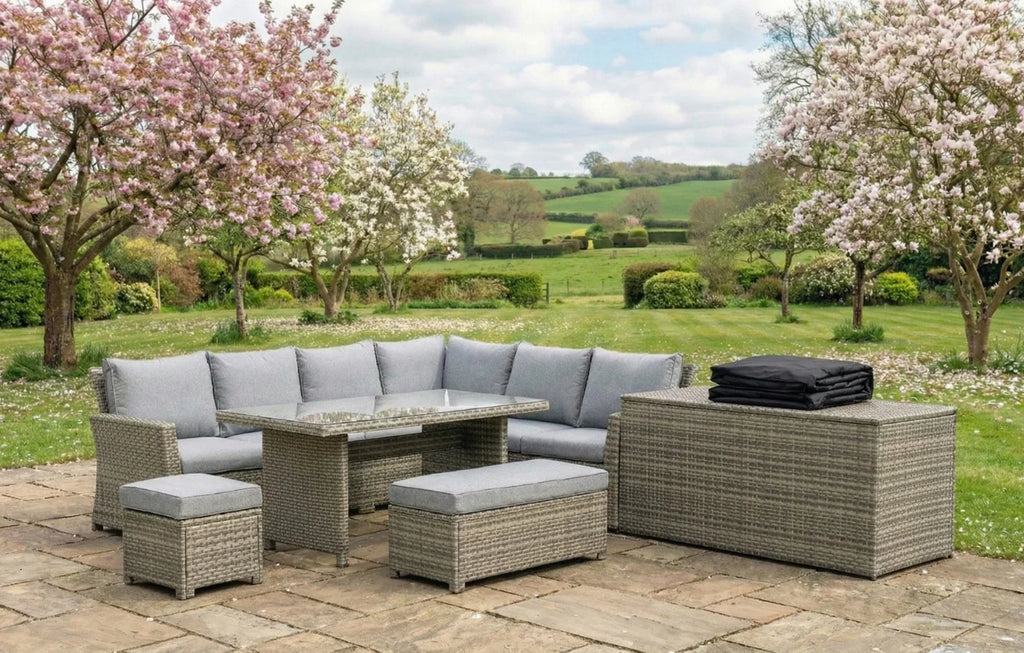 Palma 9 Seater Grey Rattan Garden Corner Lounge Set with cover and cushion box in a British garden