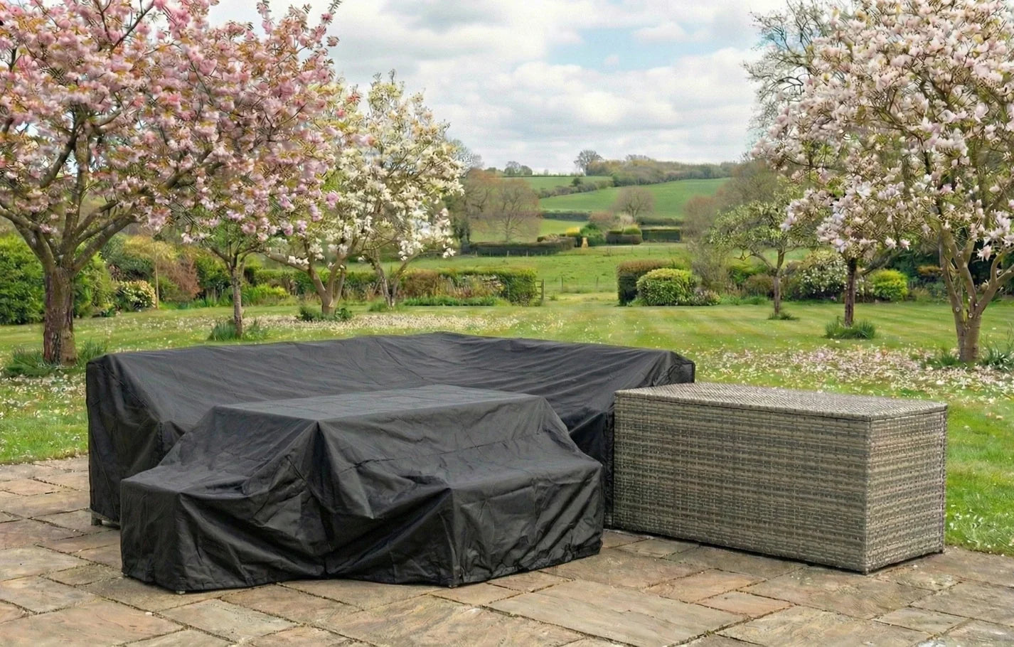 Palma 9 Seater Grey Rattan Garden Corner Lounge Set with Cover & Cushion Box