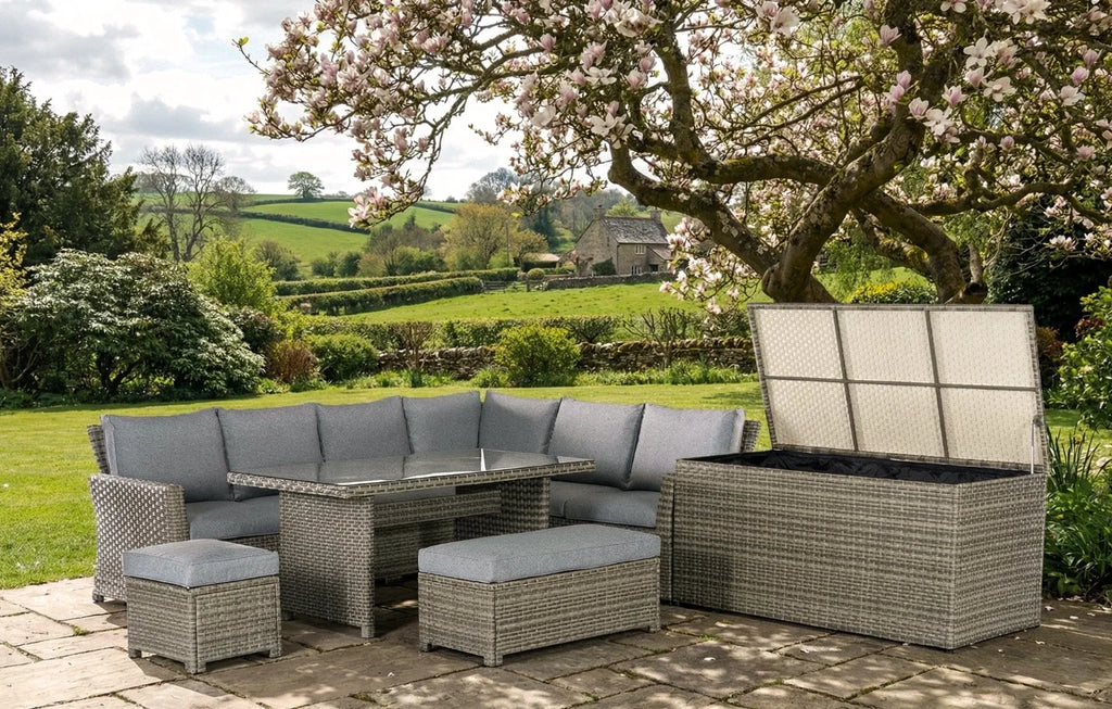 Palma 9 Seater Grey Rattan Garden Corner Lounge Set with Cover & Cushion Box