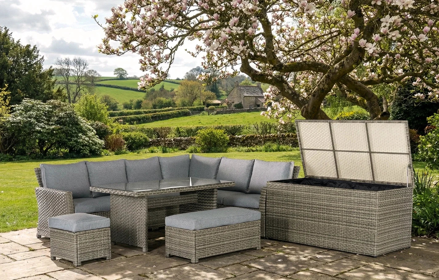 Palma 9 Seater Grey Rattan Garden Corner Lounge Set with Cover & Cushion Box