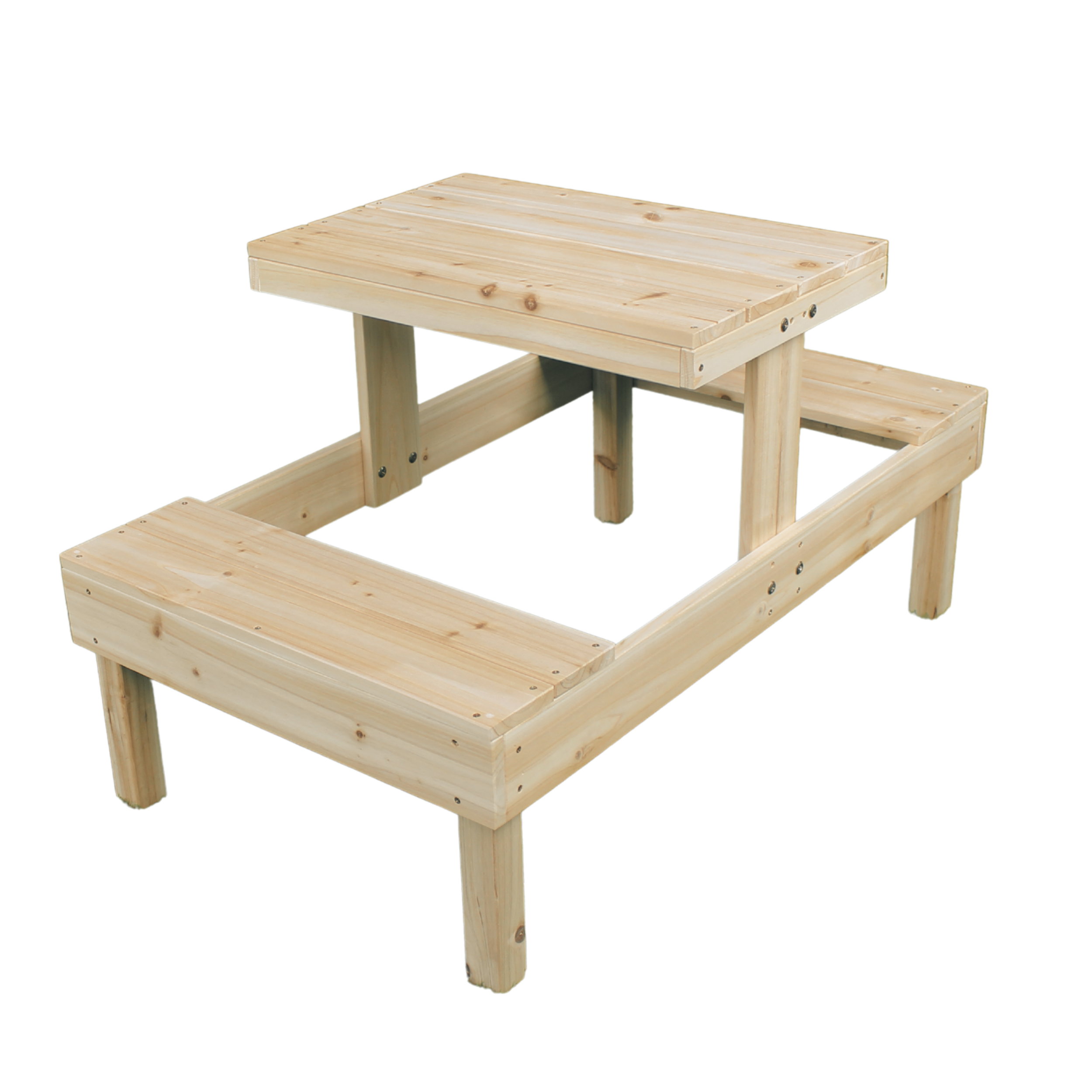 Wooden children's picnic table with attached benches for outdoor play