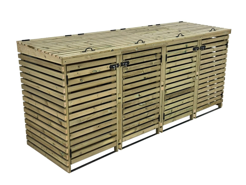 BinHaven slatted wooden wheelie bin storage unit for four bins with lift lid