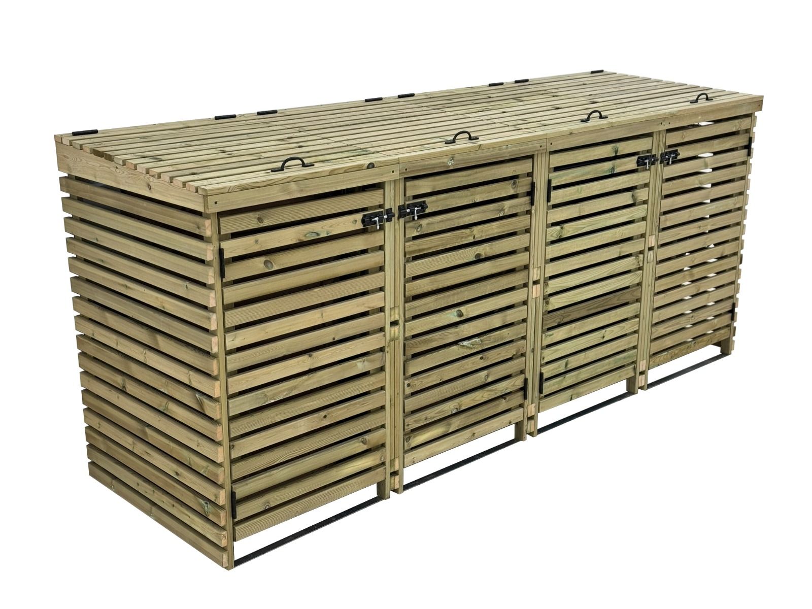 BinHaven slatted wooden wheelie bin storage unit for four bins with lift lid