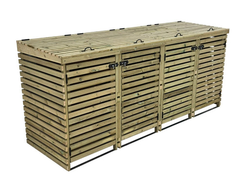 BinHaven slatted wooden wheelie bin storage unit for four bins with lift lid
