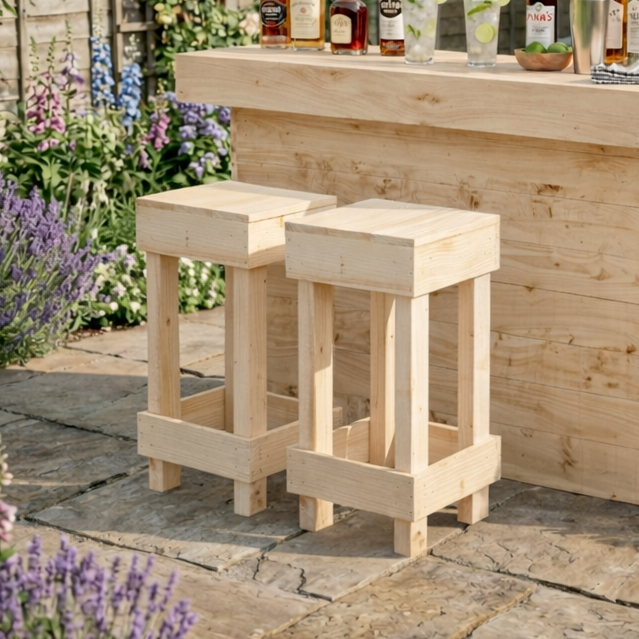 Set of 2 Rustic Wooden Bar Stools