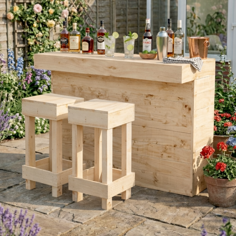 L-Shape Rustic Wooden Garden Bar | Corner Pallet-Style Outdoor Bar
