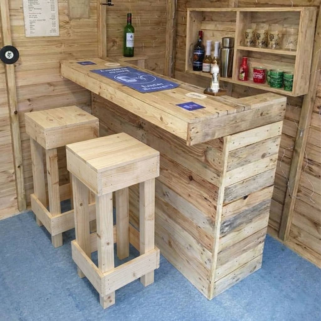 Rustic Wooden Bar with Bar Stools and Shelving Unit