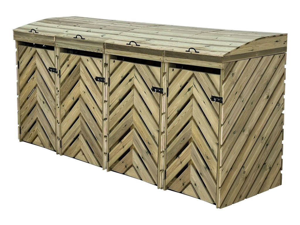 VerdiBin wooden wheelie bin storage unit screening four bins with lift-up lids