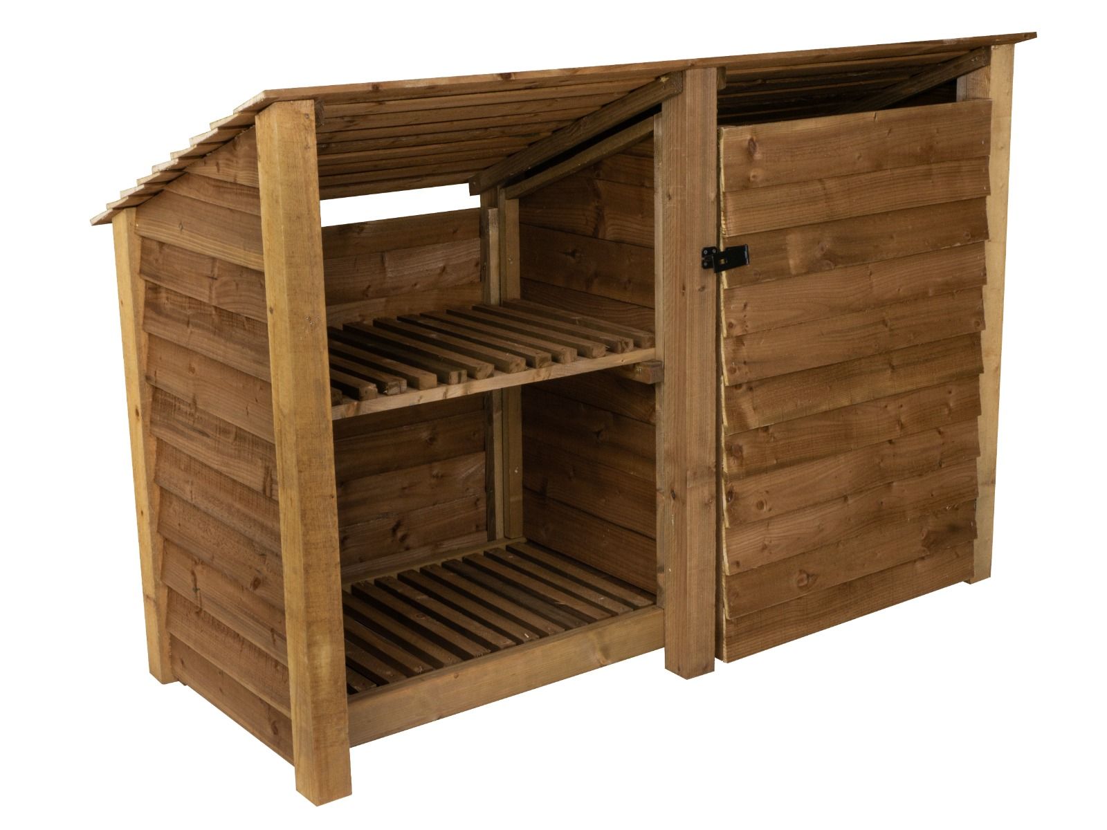 Wooden Garden Tool &amp; Log Store with Shelf | Sloping Roof Against Wall | Brown