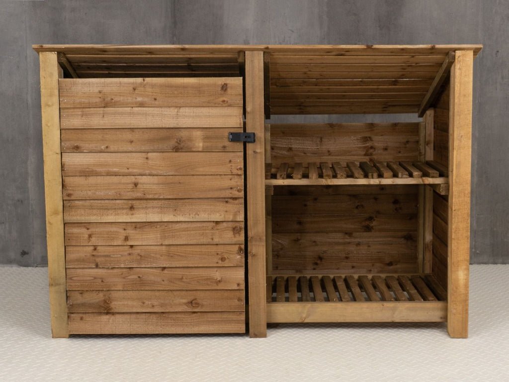 Wooden Garden Tool &amp; Log Store with Shelf | Sloping Roof Against Wall | Brown