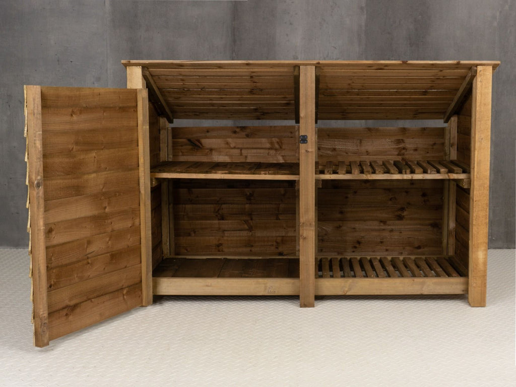 Wooden Garden Tool &amp; Log Store with Shelf | Sloping Roof Against Wall | Brown