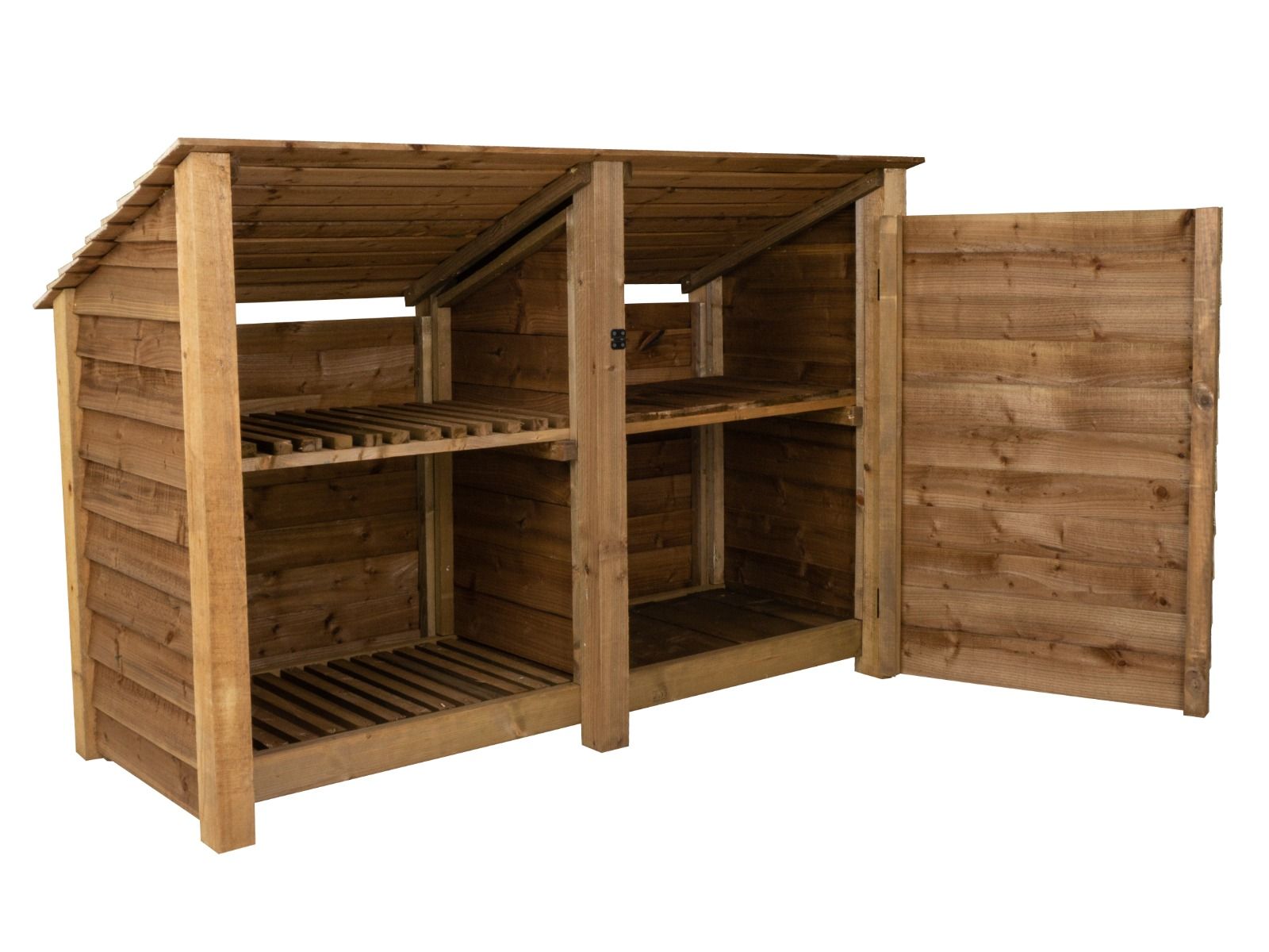 Wooden Garden Tool &amp; Log Store with Shelf | Sloping Roof Against Wall | Brown
