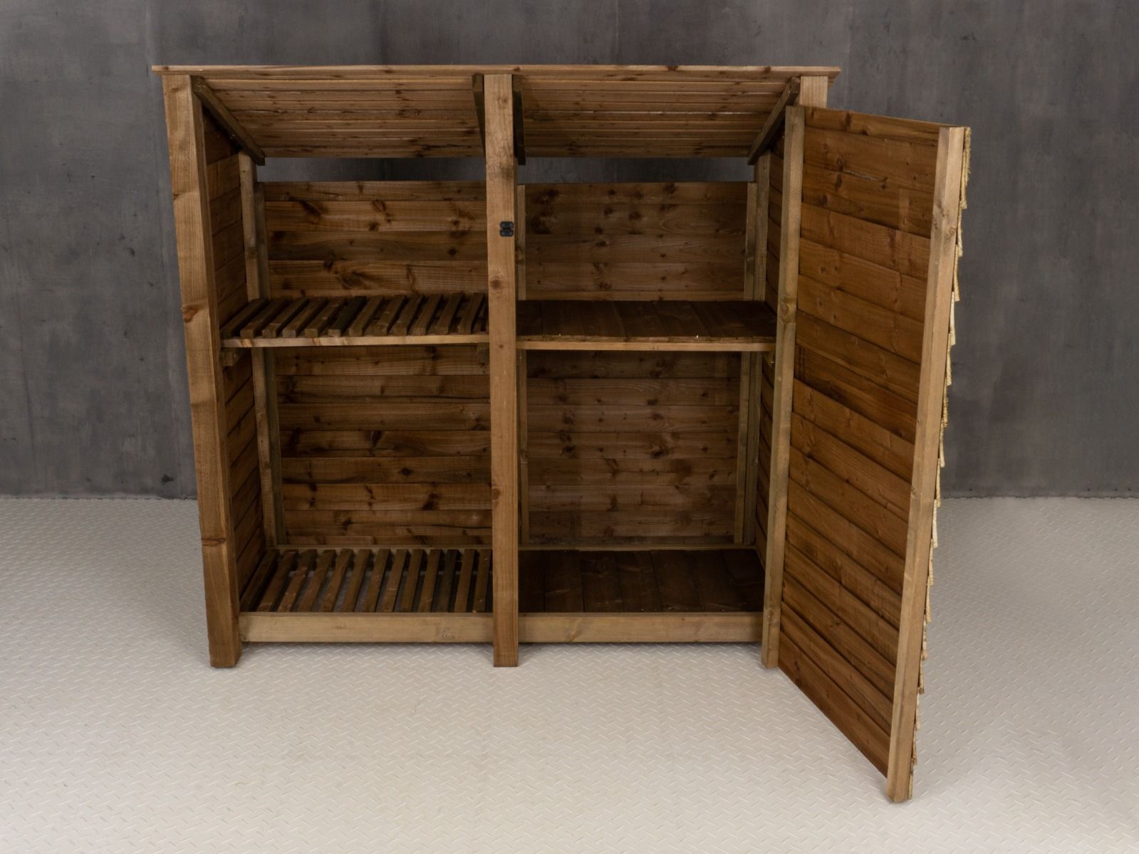 Wooden Garden Tool &amp; Log Store with Shelf | Sloping Roof Against Wall | Brown