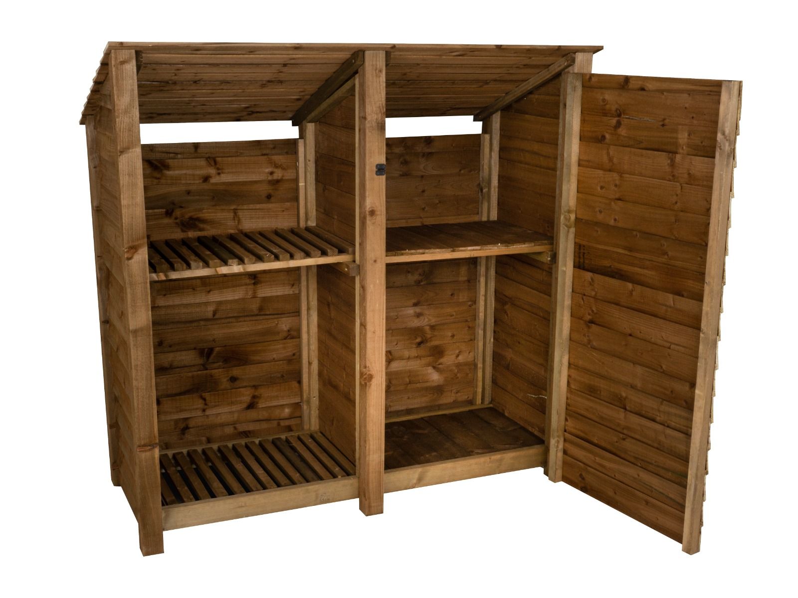 Wooden Garden Tool &amp; Log Store with Shelf | Sloping Roof Against Wall | Brown