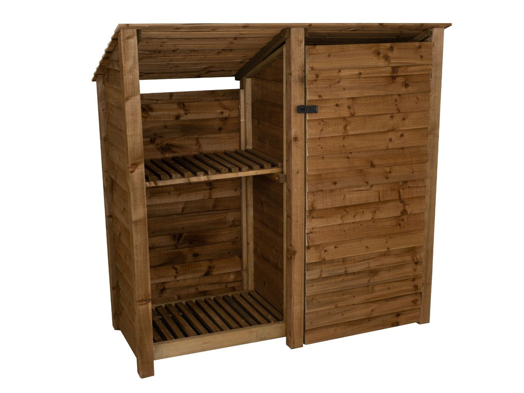 Brown wooden garden tool and log store with overhead shelf and sloping-back roof