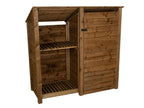 Brown wooden garden tool and log store with overhead shelf and sloping-back roof