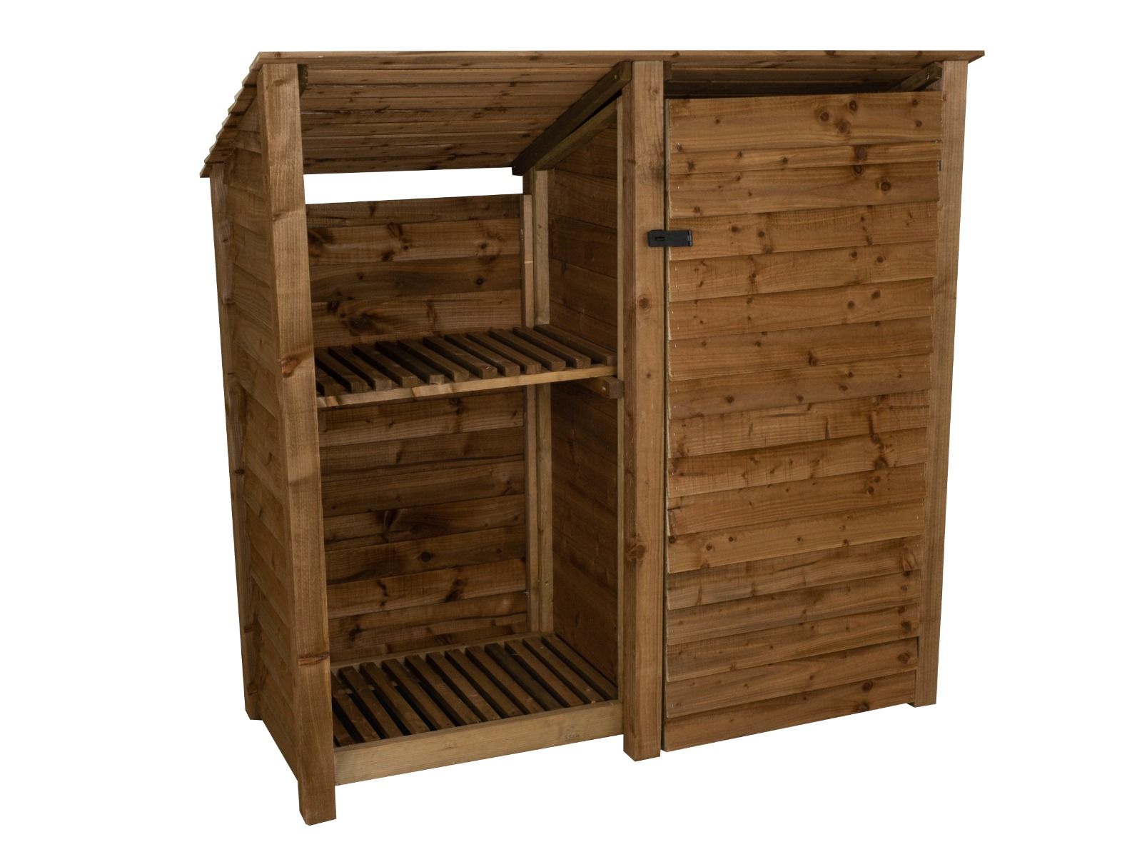 Brown wooden garden tool and log store with overhead shelf and sloping-back roof