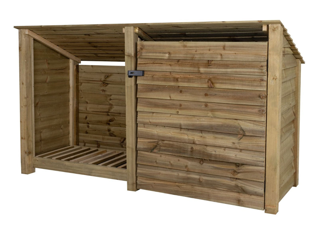 Wooden Garden Tool &amp; Log Store | Wide Sloping Roof Against Wall | 227cm