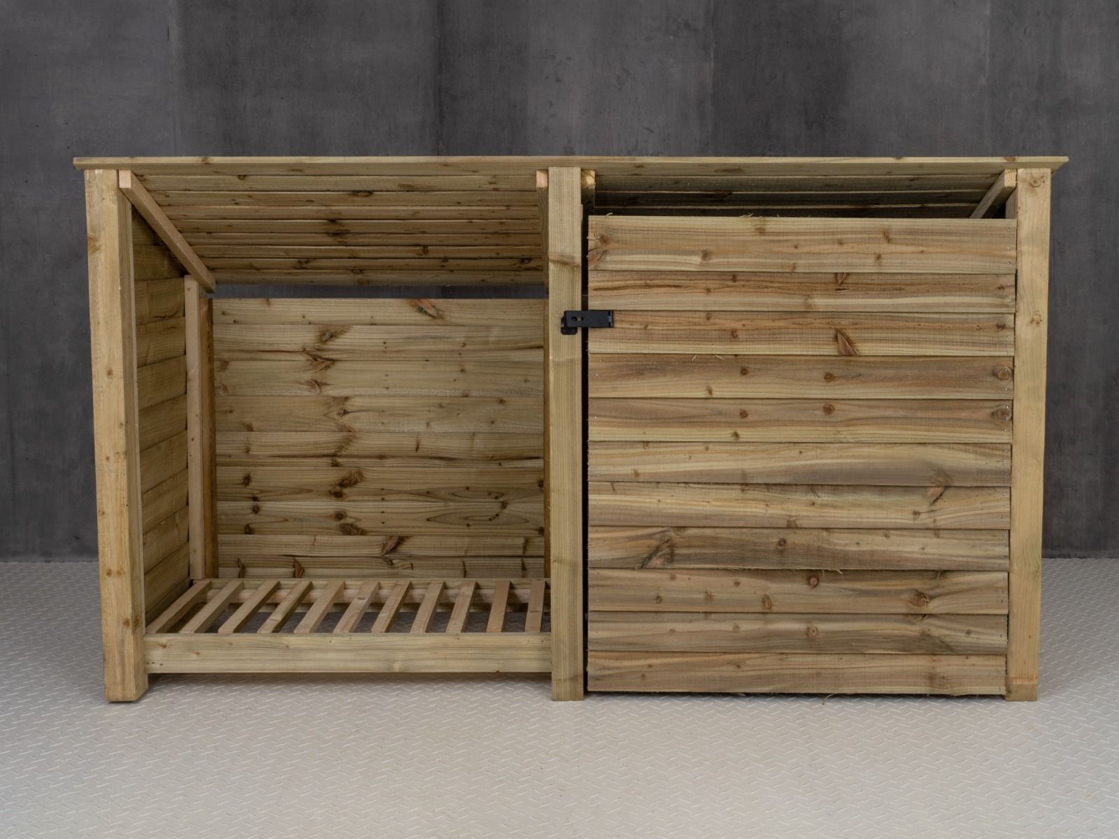 Wooden Garden Tool &amp; Log Store | Wide Sloping Roof Against Wall | 227cm
