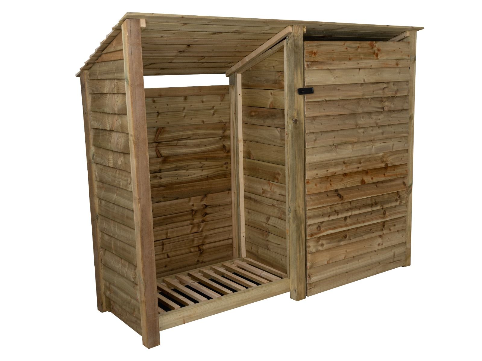Wide wooden garden tool and log store with sloping-back roof in natural green finish