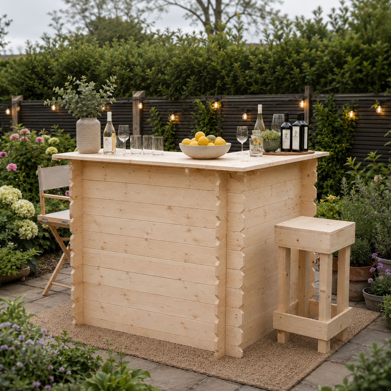 Rustic wooden interlock corner garden bar at 110cm high