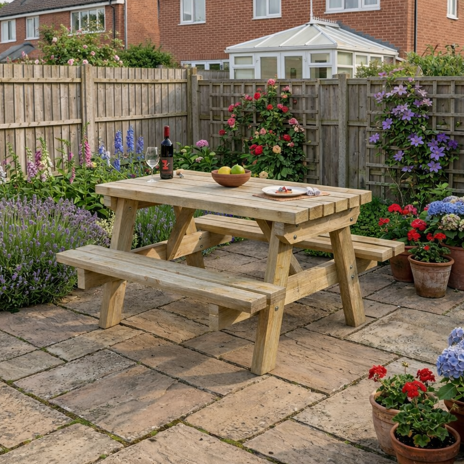 4 seater treated timber wooden picnic table with integrated benches