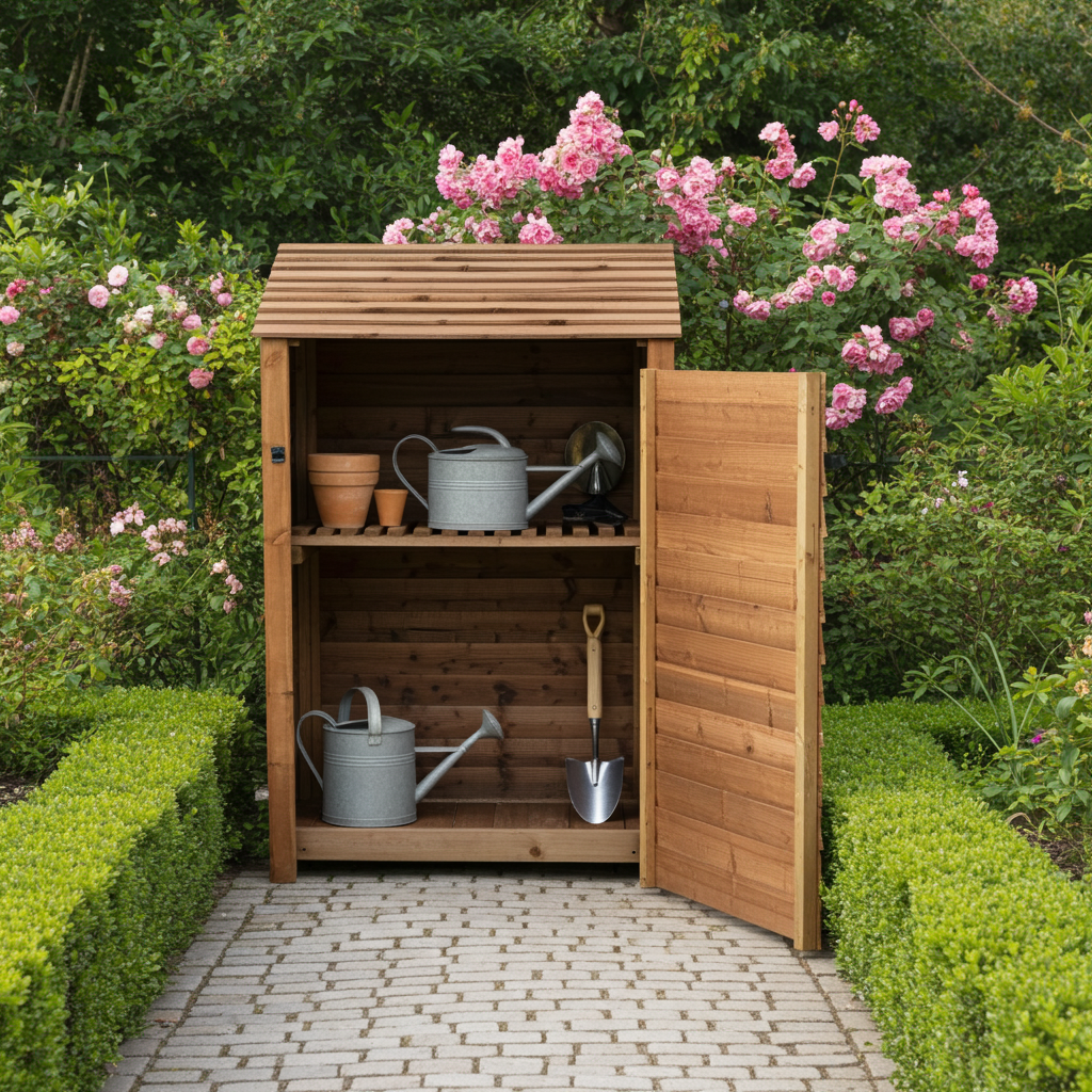 Wooden Garden Tool Storage with shelf 119cm wide in brown finish