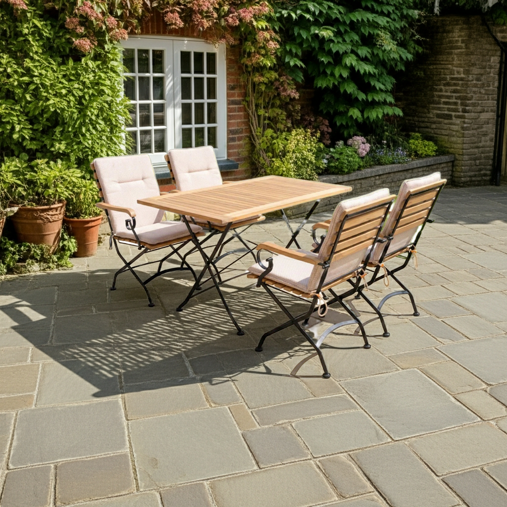 Sicily 4 Seater Teak and Wrought Iron Rectangular 120cm Garden Dining Set in a British garden